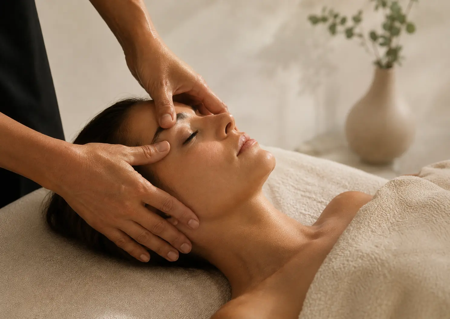 Massage facial manuel du contour des yeux, technique Kobido et Skin Tao, facialiste à Biarritz